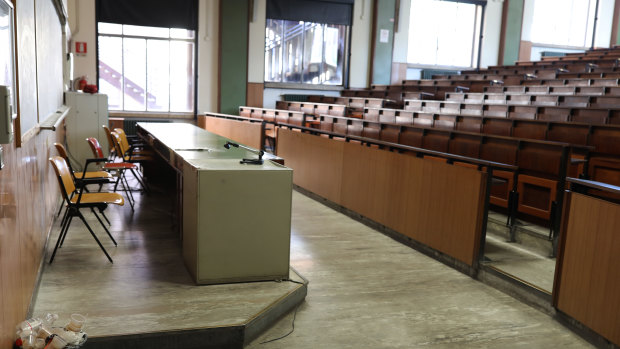 An empty lecture hall at La Sapienza University in Rome, Italy. 