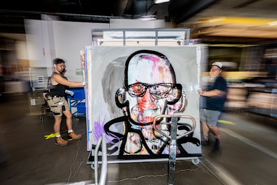 A portrait of Heston Blumenthal by Anthony Bennett is dropped off at the Art Gallery of NSW.