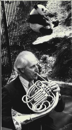 Barry Tuckwell performs for the minders and pandas at Taronga Zoo.