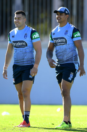 Cotric with NSW centre Latrell Mitchell at training on Tuesday.