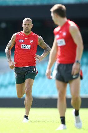 Lance Franklin trains at the SCG on Wednesday ahead of his first AFL game in 18 months.