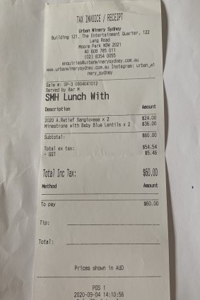 The receipt for lunch with Hugo Weaving.