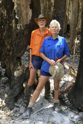 Hugh and Nan Nicholson in a fire-stricken area of Terania Creek in November.