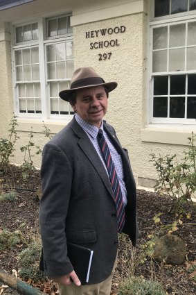 Tony Wright in Heywood for Anzac Day, outside the town's old school house.