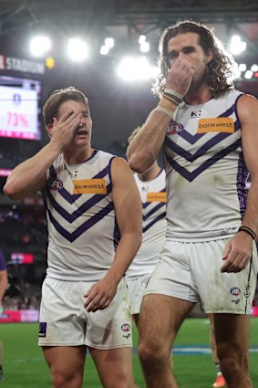 Caleb Serong and Alex Pearce of the Dockers.