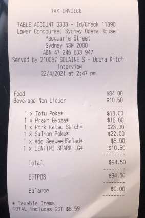 The bill for lunch at the Opera Kitchen.