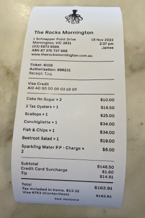 The bill for lunch at The Rocks Mornington.