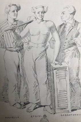 Line drawing by Oswald Brierly of slaves brought to NSW by Ben Boyd.