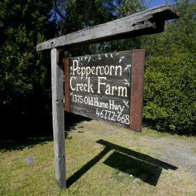 The entrance to Peppercorn Creek Farm at Razorback, south-west of Sydney.