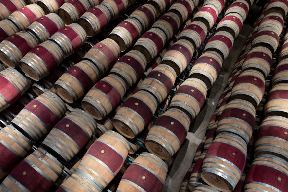 Oak barrels at the fermentation workshop of the Xige Estate. 