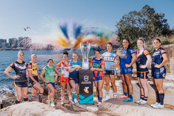 Representatives from all 10 NRLW teams at the season launch in Barangaroo on Tuesday. 