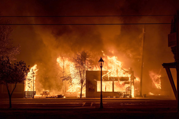 Buildings in flames as a wildfire passes through Talent, in central Oregon.