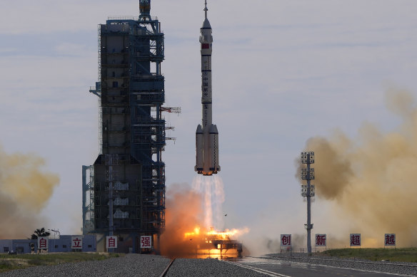 A Long March-2F Y12 rocket carrying a crew of Chinese astronauts in a Shenzhou-12 spaceship lifts off at the Jiuquan Satellite Launch Centre on June 17.