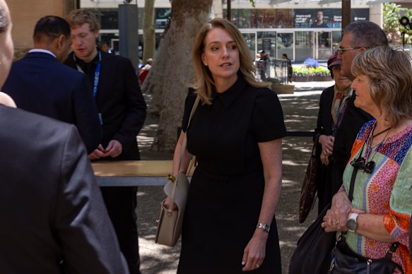 Vaucluse MP Kellie Sloane arrives at John Laws’ funeral. 
