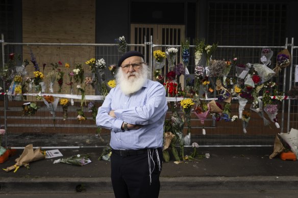 Rabbi Laidl Wolff at the Adass Israel synagogue in Ripponlea, which was destroyed by fire in an alleged arson attack.