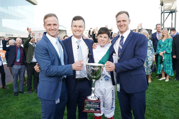 Will Hayes (right) with brothers JD (left) and Ben, and jockey Craig Williams after Mr Brightside’s win in the Memsie Stakes last month.
