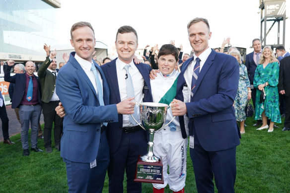 Will Hayes (right) with brothers JD (left) and Ben, and jockey Craig Williams after Mr Brightside’s win in the Memsie Stakes.