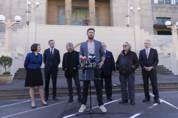 Chris Hemsworth joins George Miller and NSW politicians at Moore Park in April 2021 to announce the new blockbuster Furiosa (Mad Max).  