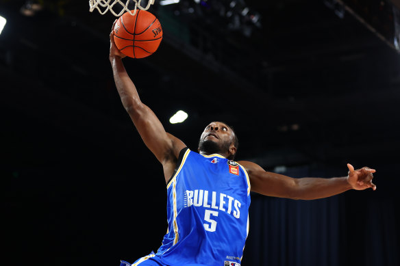 Brisbane’s James Batemon goes to the basket on his way to 51 points on Sunday.