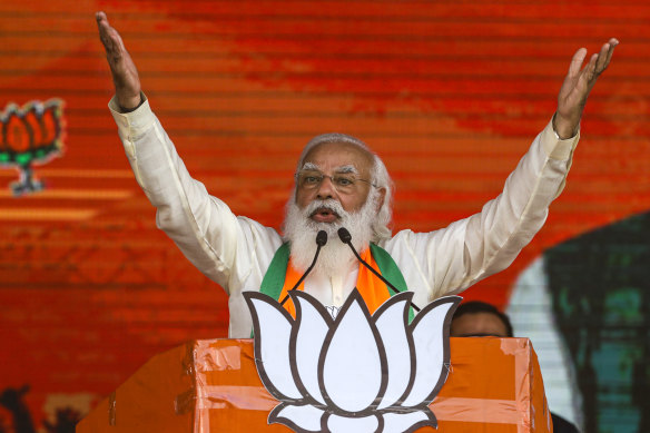 Indian Prime Minister Narendra Modi addresses a public rally ahead of West Bengal state elections in March.