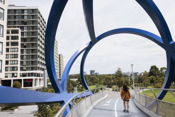 The Lachlans Line development and its walkway at Macquarie Park. 
