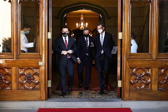 Freshly crowned NSW Premier Dominic Perrottet and deputy Liberal leader Stuart Ayres after the ceremony this afternoon. 