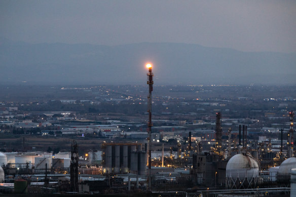 A flare stack burns at an oil refinery in Thessaloniki, Greece.