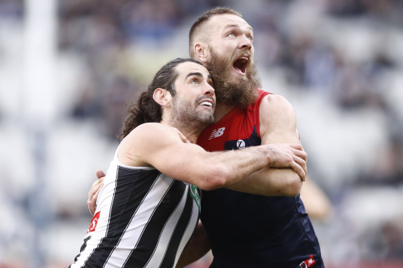 Brodie Grundy, left, and Max Gawn, right, clash during round 21 last year. 