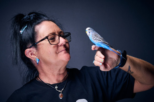 Cassie Leatham and her budgie Mr Beaky before their storytelling sessions at the NGV Kids Summer Festival.