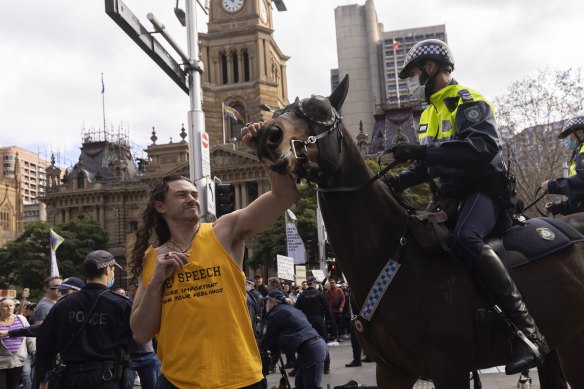 Kristian Pulkownik, pictured, has been charged with affray, joining or continuing in an unlawful assembly, committing an act of cruelty upon an animal and not complying with a noticed direction in relation to COVID-19.