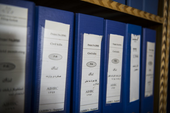 Folders titled “Civil[ian] Kills” in the Tarin Kowt office of the Afghan Independent Human Rights Commission (AIHRC). 