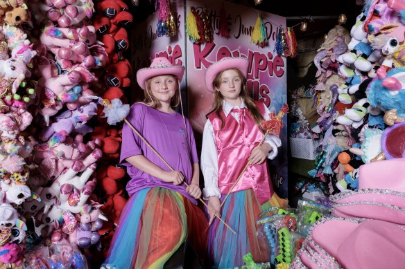 Twin sisters Faith and Willow at the Kewpie Doll Stand at the Royal Easter Show.