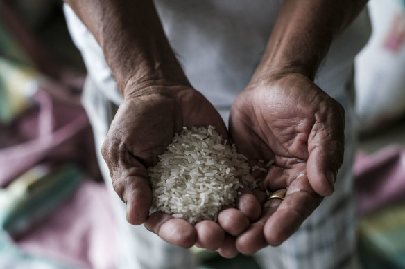 A worker holds polished white rice at a mill in Naujan town, Oriental Mindoro, the Philippines. South-east Asia is a major rice supplier to the world but some countries have struggled to produce enough even for their own needs.