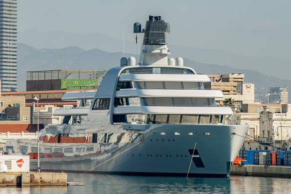 Roman Abramovich’s Super Yacht Solaris is seen moored at Barcelona Port in Barcelona, Spain. 