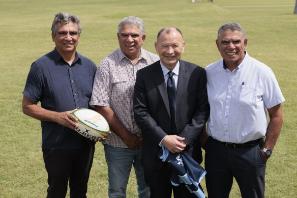 Gary Ella, Glen Ella, Eddie Jones and Mark Ella were reunited for Jones’ return press conference at Matraville High earlier this year.