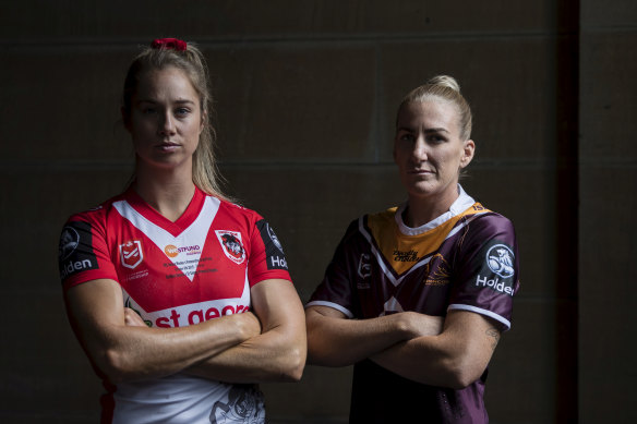 St George Illawarra’s Kezie Apps and Brisbane skipper Ali Brigginshaw.