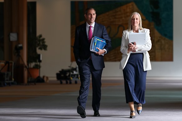 Treasurer Jim Chalmers and Finance Minister Katy Gallagher arrive at the budget lockup.