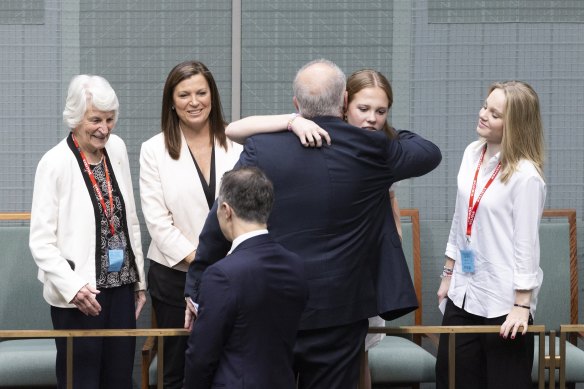 Scott Morrison with mother Marion, wife Jenny and daughters Lily and Abbey after his valedictory speech at Parliament House on Tuesday.