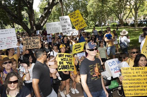 Protestors at an anti-vaccination rally in Sydney on Saturday.