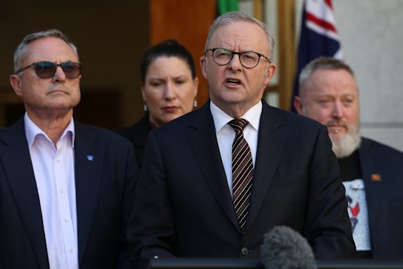 Prime Minister Anthony Albanese unveiling the social media reforms in Canberra on Tuesday.