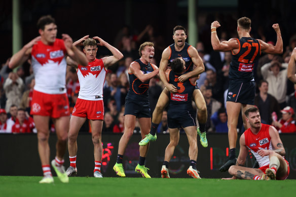 Toby Greene celebrates his last-minute match-winning goal against the Swans at the SCG in round seven.