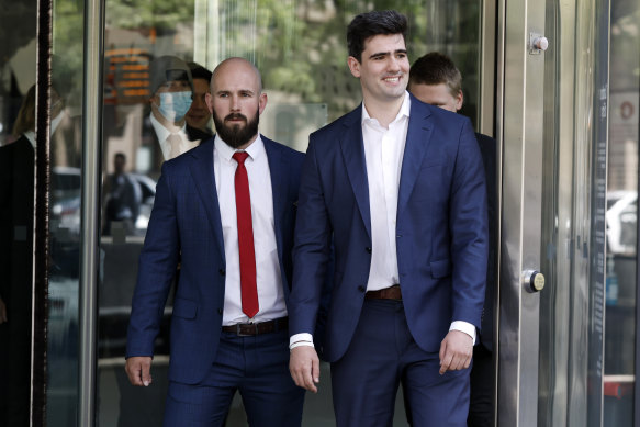 Thomas Sewell and Jacob Hersant outside the Melbourne County Court on Friday.
