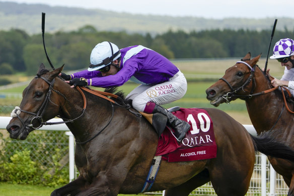 Alcohol Free drives away from her rivals to win the Sussex Stakes at Goodwood last year.