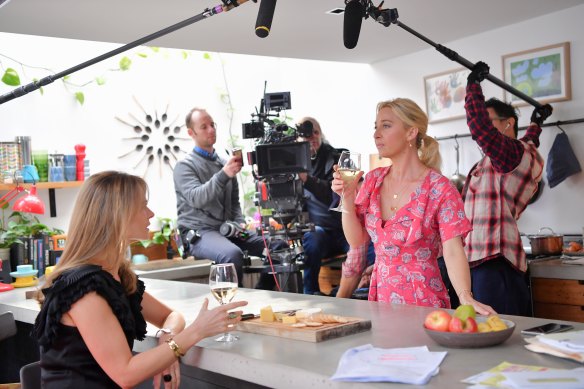 Kat Stewart (left) on the set of Offspring with Asher Keddie. Stewart says being on stage is “much harder than being on telly.” 