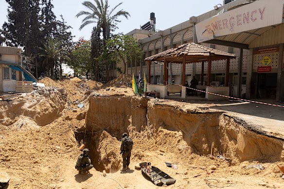 Outside the hospital’s emergency department, where officials say Israel excavated the earth to gain access to a hidden tunnel.