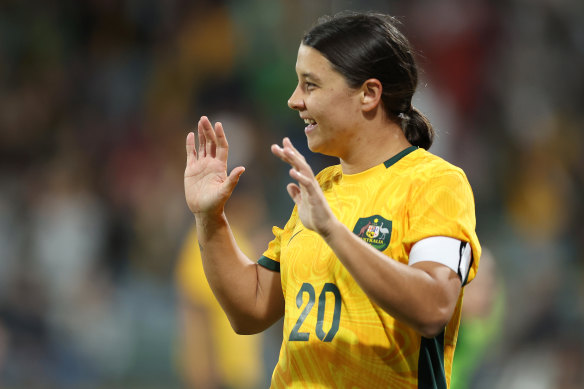 Sam Kerr celebrates after scoring the Matildas second goal.