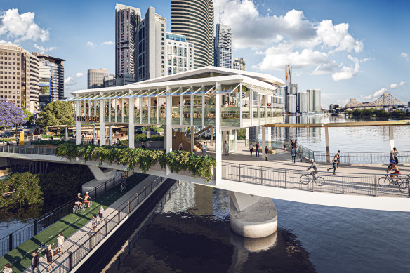 An artist impression of the under-construction Kangaroo Point bridge, now slated for completion in early 2024.