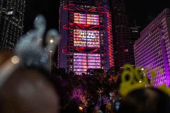 New Year’s greetings on a building in Hong Kong’s Central district.