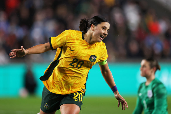 Sam Kerr celebrates the first goal at the International Friendly Match between England and Australia on April 11, 2023.