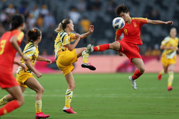 Emily van Egmond, left, in action for the Matildas on Thursday.  